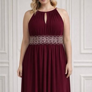 Elegant Burgundy Long Dress with Beaded Waist. Size 14.